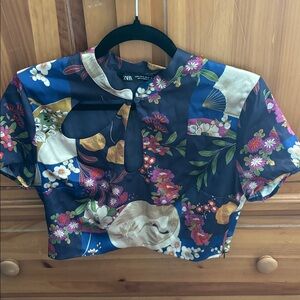 Zara Multicolor Floral Blouse with Mandarin Neckline SZ M